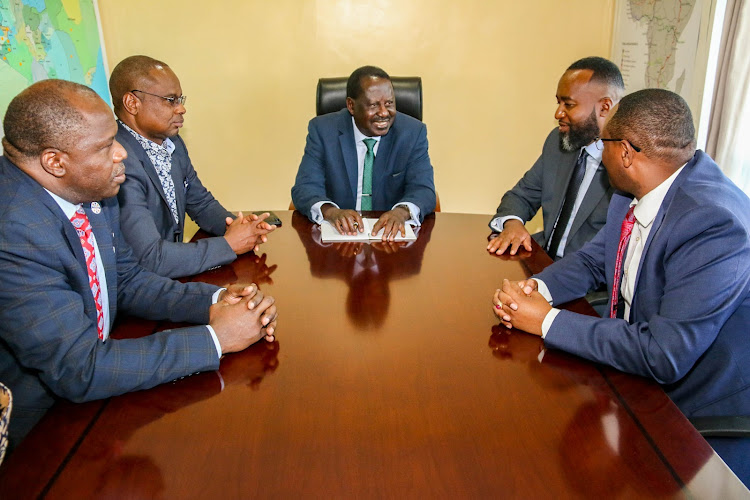 Governor Dhadho Godhana, Governor Amason Kingi, ODM leader Raila Odinga, Governor Ali Joho and Governor Granton Samboja at Capitol Hill Square.