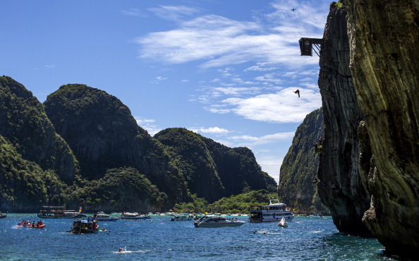 Gary Hunt dives from the 27m platform at Maya Bay during the Red Bull Cliff Diving World Series on Phi Phi Island, Thailand.