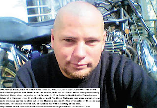 Photo: Afrikaners run over deliberately on their bikes after prayer-session. Johannes P Kruger, picture, of the Christian Motorcyclists Association in Pretoria, was deliberately run over and killed with Pieter Coetzee senior, 60, by a Hummer crossing the road and then driving at the bikers at fullspeed on 16 October 2010. The Hummer was burnt out. The driver ran away. The police know his identity: he had gone to the police station after seeing news reports.