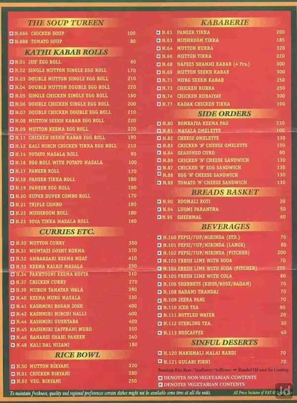 Nizam's Kathi Kabab menu 