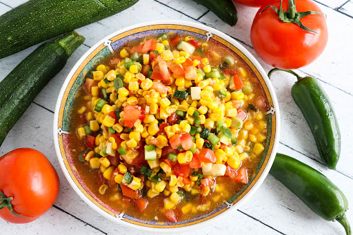 A large bowl of Fiesta Corn Salad.