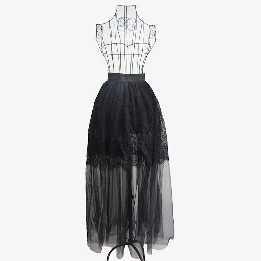 Title 3, A-line pleated long skirt featuring lace mesh s...