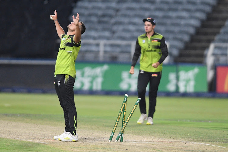 Beyers Swanepoel celebrates after cementing the Warriors' two-run win against the Lions at the Wanderers on Wednesday night.