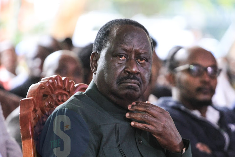 Azimio Leader Raila Odinga reacts during the requiem mass at KMC in Karen on July 28, 2023.