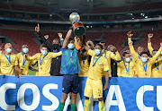 South Africa celebrate winning the Cosafa Cup during the COSAFA Cup South Africa 2021, Final match between South Africa and Senegal at Nelson Mandela Bay Stadium.