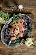 Trout wrapped in fig leaves with capers and baby
beetroot served with horseradish and dill crème fraiche.