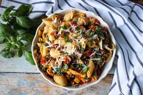 Tomato and Summer Squash Sauce on Pasta