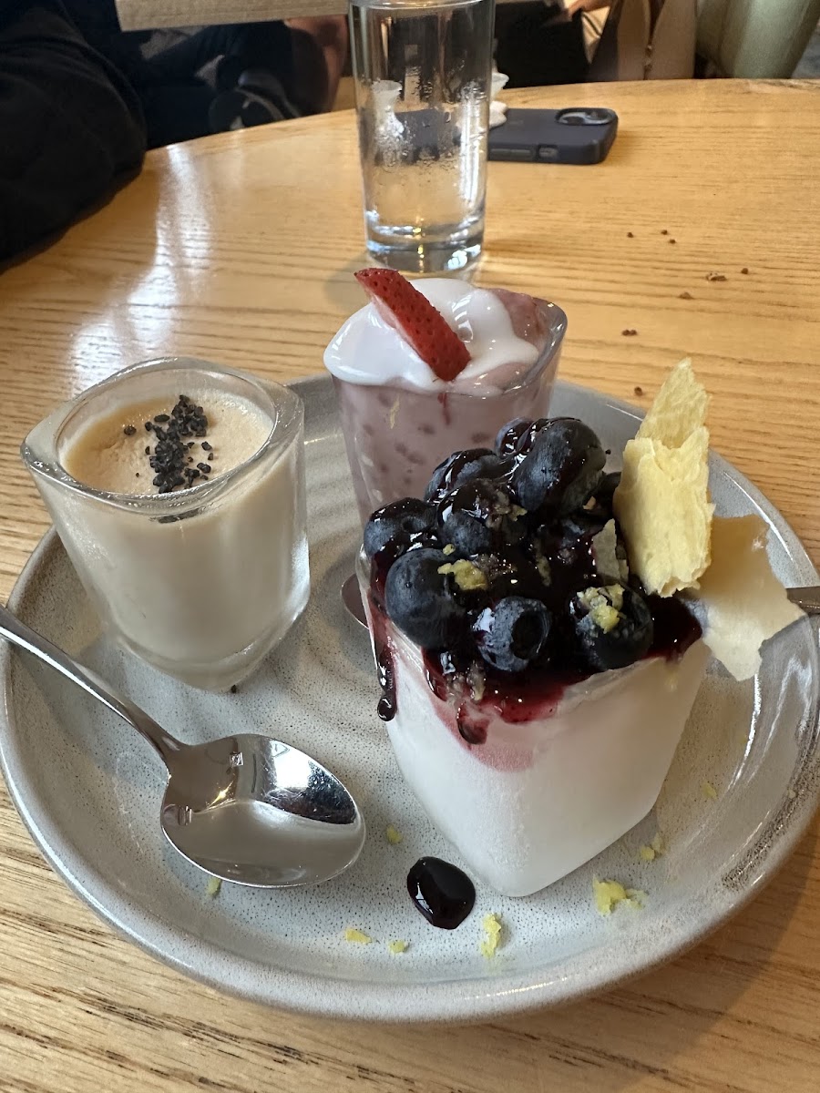 Maple panna cotta with rock salt, lemon semifreddo with blueberries, strawberry coconut sago