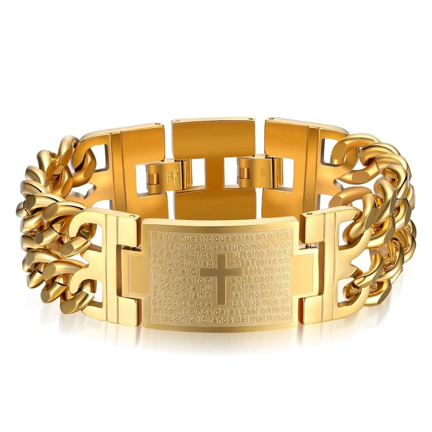 RVS armband met dubbele gesp, religieus bijbelkruis, een stijlvol en duurzaam symbool van geloof.