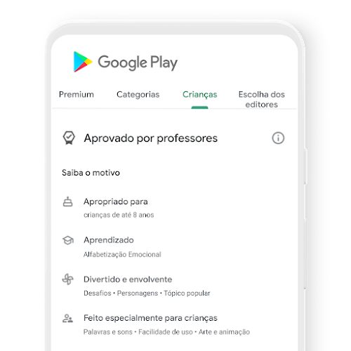 Um smartphone com a guia Kids no Google Play, com conteúdo aprovado por professores