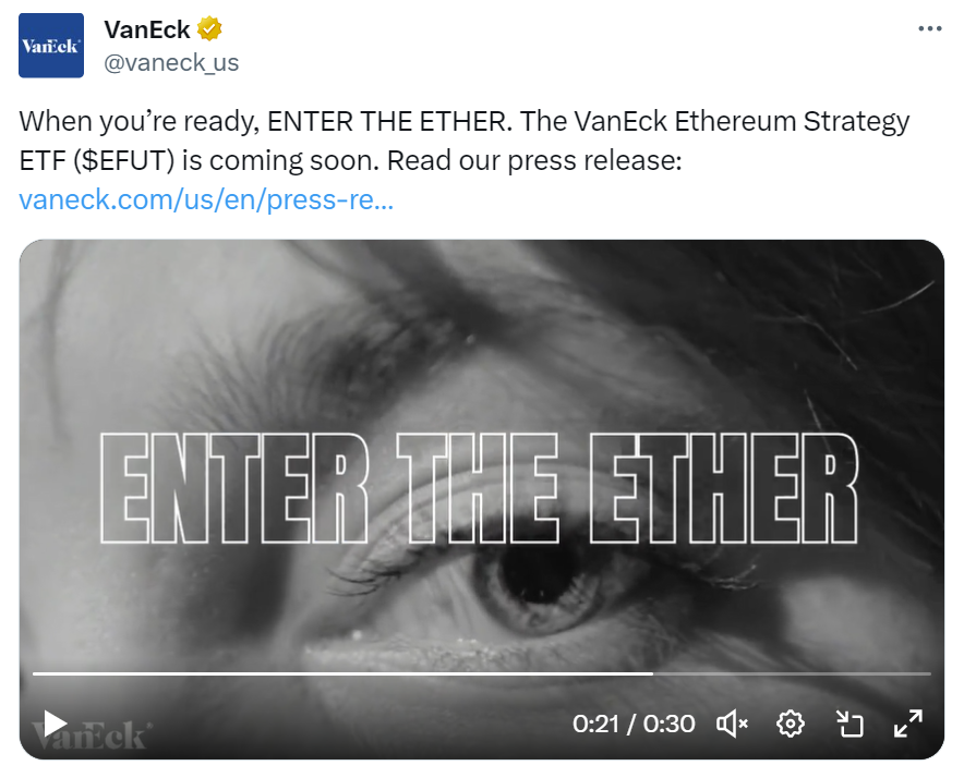 Tweet from VanEck announcing Ethereum Futures ETF