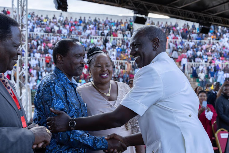 President William Ruto with Wiper leader Kalonzo Musyoka during the Benny Hinn Mega crusade at Nyayo Stadium on February 25, 2024.