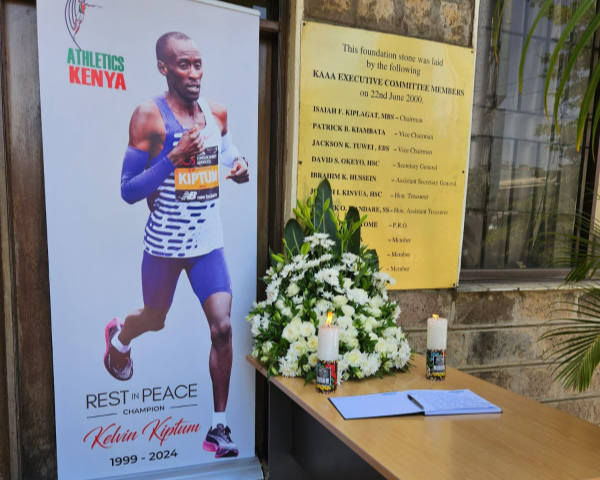 A Condolence Book for athletics fraternity to pay their respect to World Marathon record holder Kelvin Kiptum at Riadha House, Nairobi, February 14, 2023.