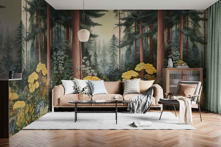 Inspired by vintage paintings this wallpaper by Cara Saven creates a dreamy and nostalgic look and feel within this lounge space.