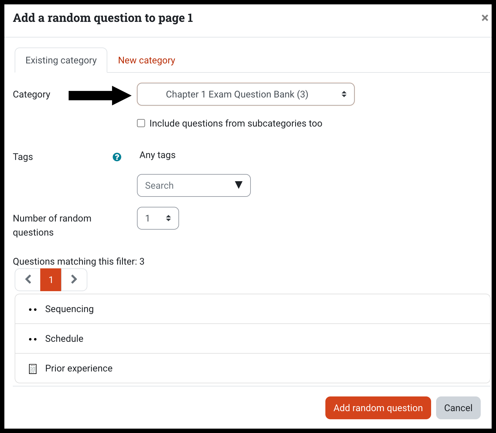 Category at the top has a dropdown box to select which category to pull questions from to add to a quiz and an arrow is pointing to it; Number of random questions item has a dropdown to select how many questions to add; questions in the selected question bank appear at the bottom