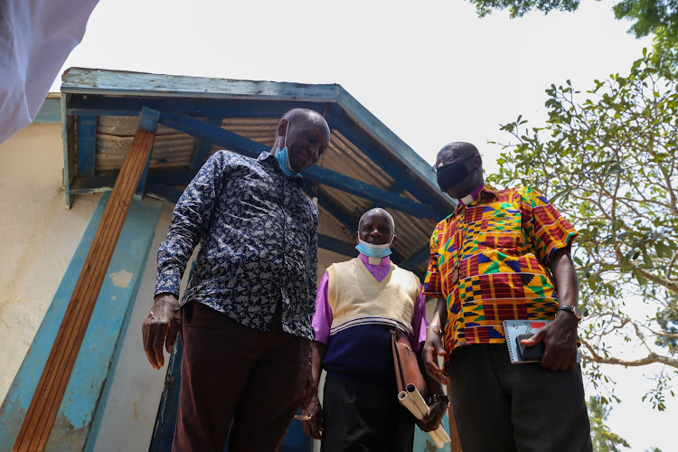 Senate Land Committee chair Paul Githiomi, Methodist Church Mombasa synod head Ronald Nzai and Coast Region Conference head Charles Makonde outside the church built by Dr Krapf over 100 years ago, in Jomvu Kuu on Friday.