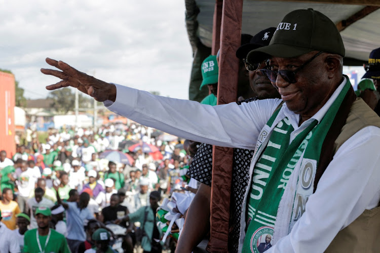 Liberia's opposition Unity Party Joseph Boakai waves to his supporters as holds his final campaign rally for the presidential elections in Monrovia, Liberia on October 7, 2023. File Picture: Reuters/Carielle Doe