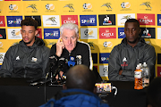 Bafana Bafana coach Hugo Broos (centre) with captain Ronwen Williams (left) and vice-captain Siyanda Xulu (right) during the press conference at the High Performance Centre on June 12 in Pretoria. File photo.