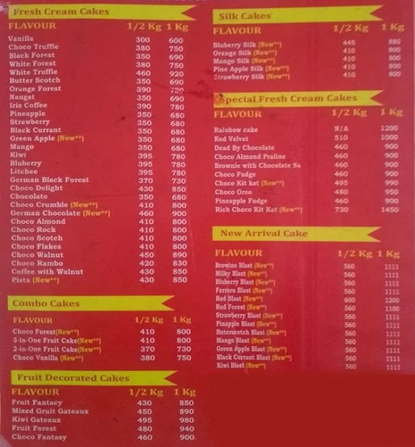 FB Cake House menu 