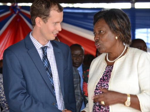 Kitui governor Charity Ngilu and the USaid official John Bernon at the launch of the Afya Halisi project at the Zombe playgrounds in Kitui on Tuesday.photo by Musembi Nzengu