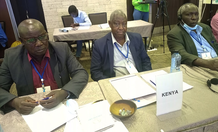 Kenya Nile Discourse Forum Chairperson Ngome Joseph, KNDF Secretary Laban Arupe and KNDF Vice Chair William Chelule during the 8th general assembly at Double Tree by Hilton on December 11,2021.