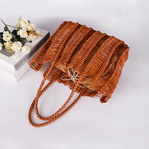 Title 3, Retro Style Cowhide Handmade Hollow Woven Handb...