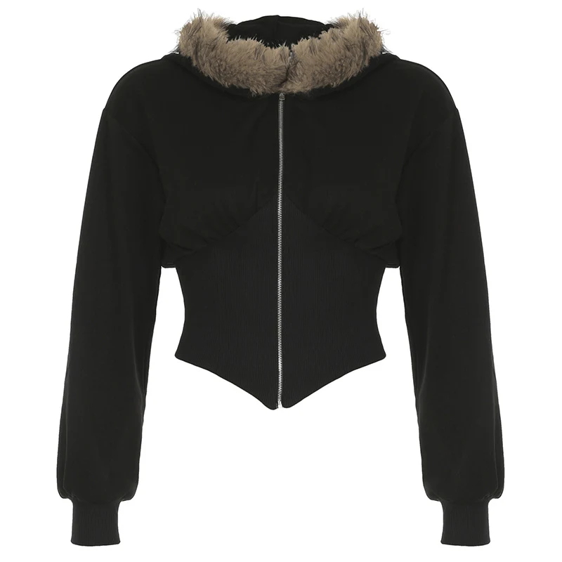 Cárdigan de mujer con capucha y costuras, cuello de piel, abrigo superior ideal para el invierno, cálido y elegante, perfecto para diario.
