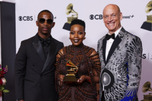 Zakes Bantwini, Nomcebo Zikode and Wouter Kellerman pose with the Grammy for Best Global music performance for 'Bayethe' during the Premiere Ceremony of the 65th Annual Grammy Awards in Los Angeles, California.