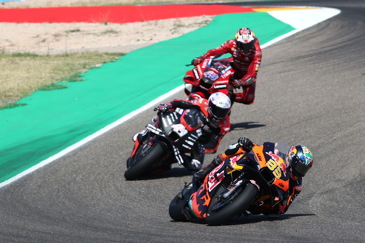 Binder holds off Aleix Espargaro and Jack Miller in Sunday’s Aragon MotoGP. Picture: REUTERS