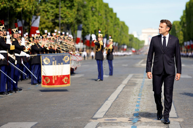 French President Emmanuel Macron reviews the troops during the annual Bastille Day military parade in Paris, France, July 14 2022. Picture: SARAH MEYSSONNIER/REUTERS