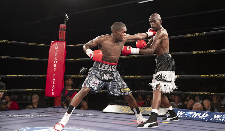 Lerato Dlamini, left, in previous action against Sydney Maluleke when they contested the WBC international title fight which Dlamini won by a split points decision at Emperor's Palace in April 2018.