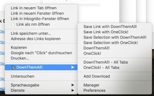 Inkognito-Fenster speichern durchsuchen Untersuchen Sprachausgabe Dienste DownThemAll! DownThemAll! DownThemAll! Preferences 