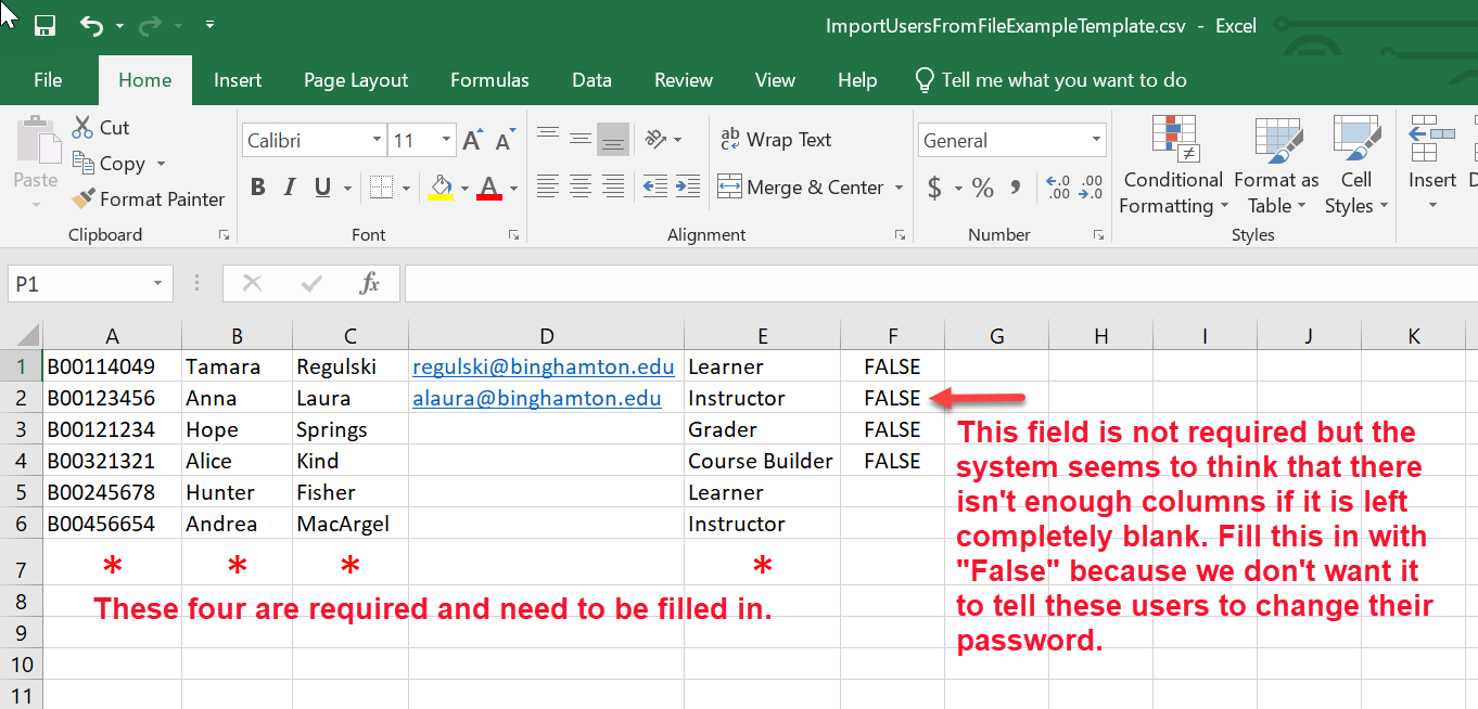 This image displays an excel file with B# in Column A, "Tamara" in column B, "Regulski" in column C, "regulski@binghamton.edu" in column D,  "Learner" in column E and "False" in column F. with the note that column F is not required but the system wants it there so add that. 