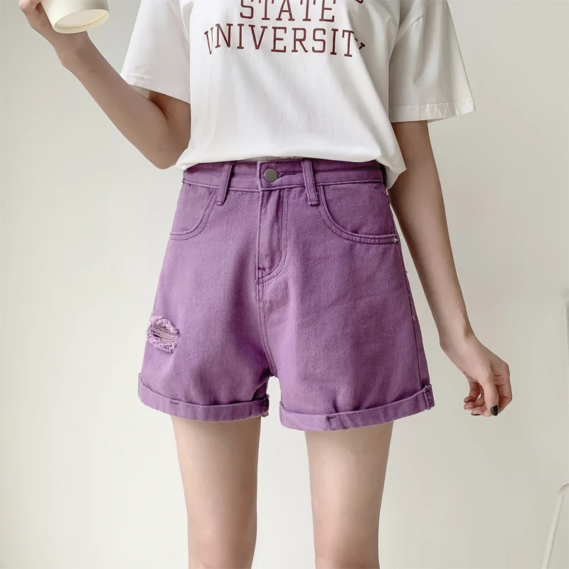 Shorts jeans roxos rasgados femininos cintura alta soltos A-Line perna larga calças para um visual despojado e confortável ideal para o verão