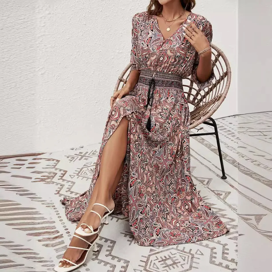 Robe de plage bohème décontractée, manches trois-quarts, taille, vacances