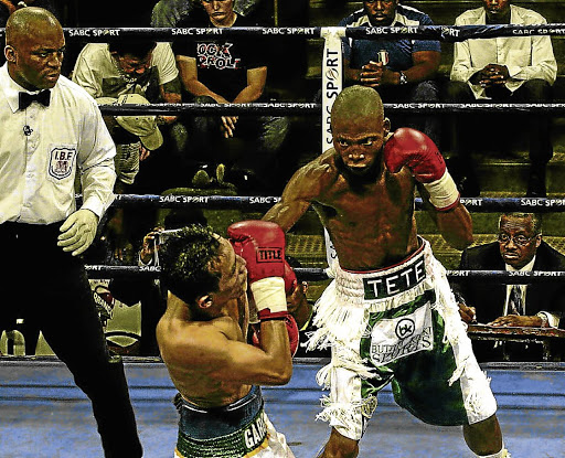 Zolani Tete, right, throws a punch at Richard Garcia during a previous IBF flyweight fight at Nasrec in Johannesburg. He fights Siboniso Gonya on Saturday.