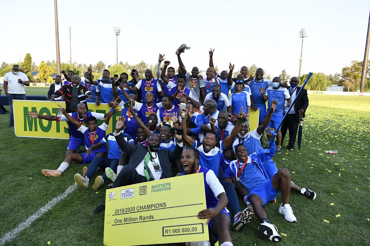 Bizana Pondo Chiefs players celebrate winning during the ABC Motsepe League National Play-off final against Pretoria Callies at Vaal University of Technology on November 14, 2020 in Johannesburg