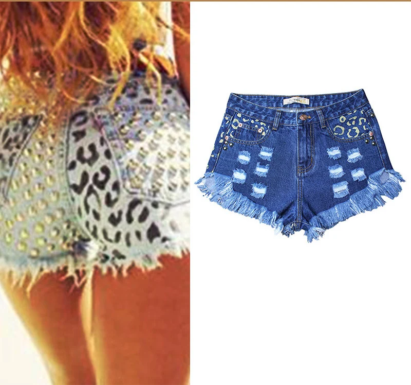 Short en jean déchiré taille haute à rivets - Vente flash. Pantalon imprimé ample, parfait pour un look tendance et confortable.