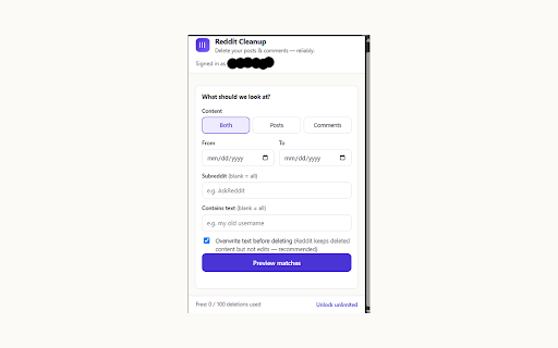Reddit Cleanup — Bulk Delete Posts & Comments screenshot 1