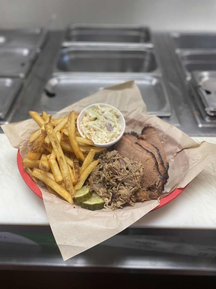 Two-Meat Plate with Brisket & Pulled Pork. French Fries and Coleslaw sides.