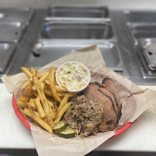 Two-Meat Plate with Brisket & Pulled Pork. French Fries and Coleslaw sides.