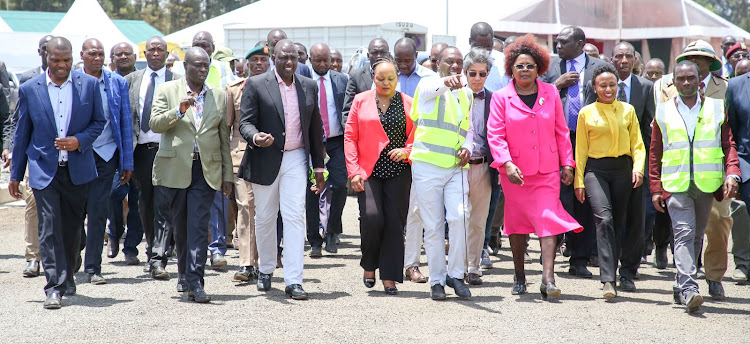 President William Ruto, Kirinyaga Governor Anne Waiguru and Kandara MP Alice Wahome in Kirinyaga for the commissioning of Thiba Dam on October 15, 2022