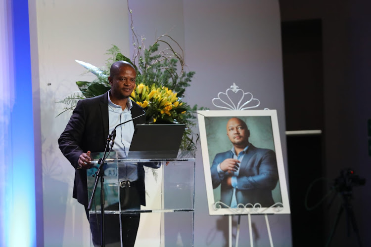 Makhudu Sefara, the editor of TimesLIVE and deputy editor of the Sunday Times, speaks about colleague and friend Eusebius McKaiser at his memorial service held at Arena Holdings in Parktown, Johannesburg, on Tuesday.