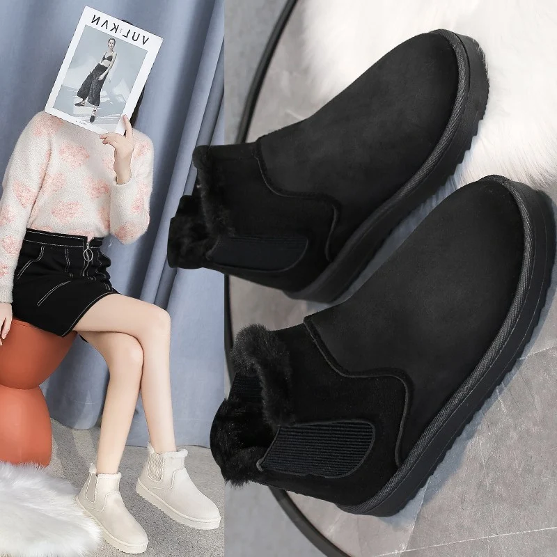 Bottines courtes femme grande taille doublées polaire chaussures coton bottes de neige confortables pour l'hiver.