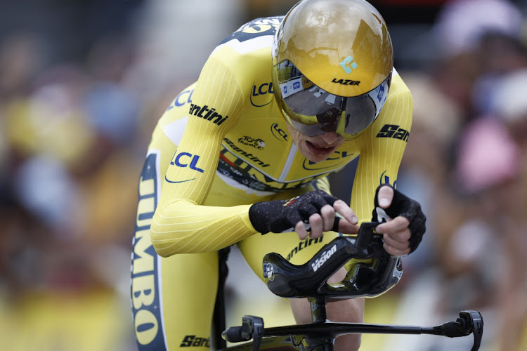 Team Jumbo-Visma’s Jonas Vingegaard wearing the yellow jersey crosses the finish line after stage 16 of the Tour de France in France on July 18 2023. Picture: BENOIT TESSIER/REUTERS