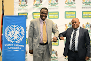 UN SA acting resident coordinator Ayodele Odusola and KwaZulu-Natal premier Sihle Zikalala at a press briefing in Durban.