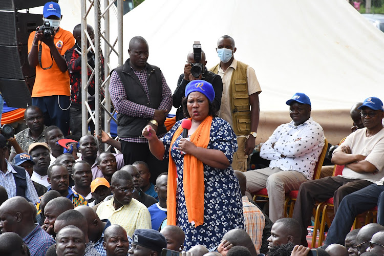 Woman Representative Florence Mutua who was defeated by Otuoma speaking during the Azimio rally at Acunet in Malaba on March 25, 2022.