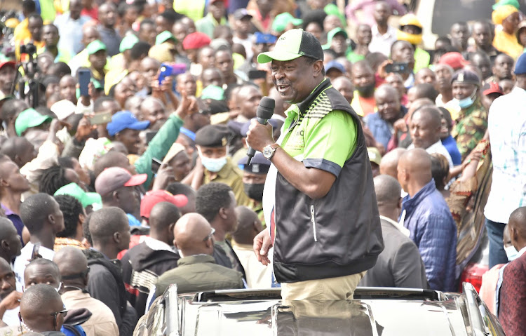 ANC party leader Musalia Mudavadi speaking during a rally in Busia county on Monday February 7, 2022.