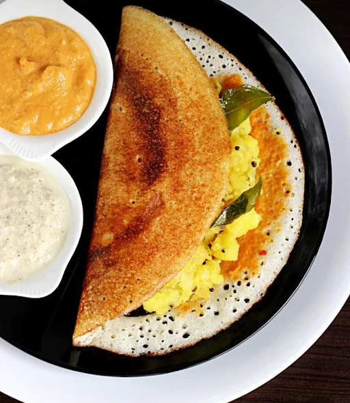 Udupi Masala Dosa +Sambar, Tomato Chutney, Coconut Chutney & Gunpowder