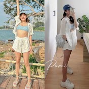 Set Áo Croptop Bra Bikini Caro Dây Yếm Xanh Baby Blue + Áo Sơ Mi Form Rộng Pastel + Quần Ngắn Lưng Cao Ống Rộng Đi Biển Dạo Phố